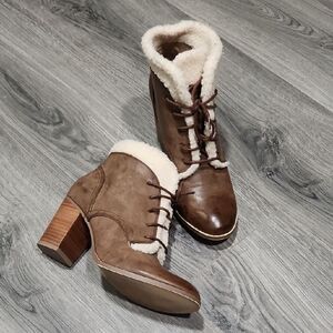 Restricted Brown Leather Sherpa Heeled Booties